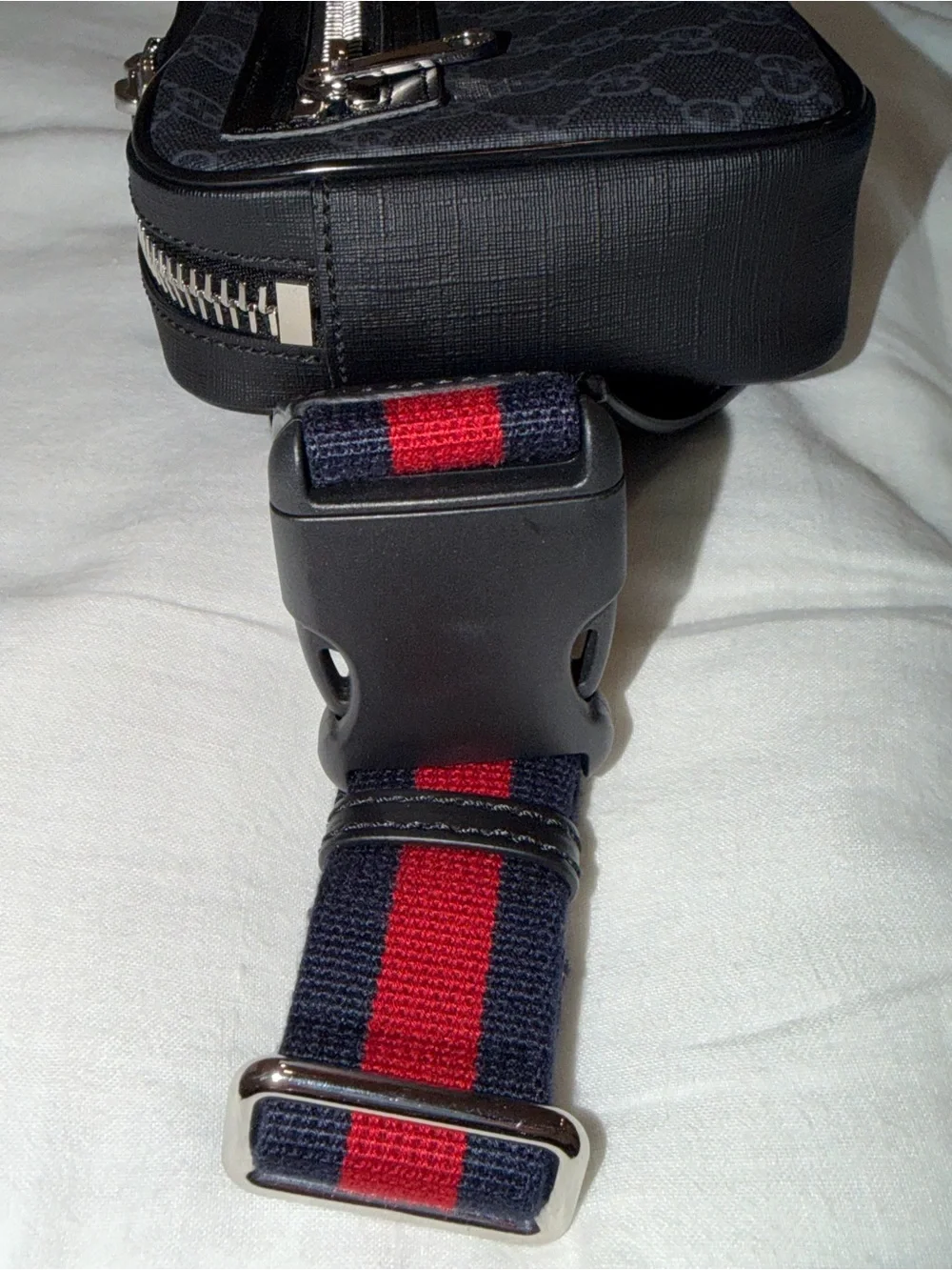 Gucci Black GG Supreme Belt Bag with Red and Navy Web Strap